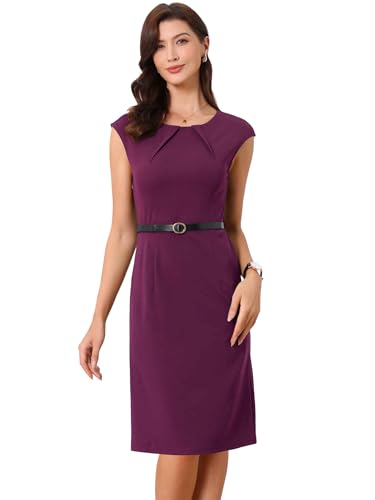 Allegra K Elegant Business Dress for Women's Cap Sleeve Belted Wear to Work Sheath Dresses
