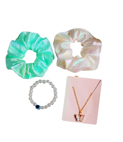 Image of Gift Hamper Combo for Women & Girls 2 Scrunchies, 1 Butterfly Neck Piece, 1 Evail-Eye Heand Breaclate with Box(Green & White)