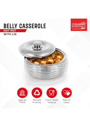 Image of CLASSIC ESSENTIALS Double Wall Insulated Stainless Steel Ripple Casserole 1500 ml | Hot Pot Food Storage & Serving Bowl | Thermal Belly Casserole for Roti, Rice, Dal, Curry & Meals