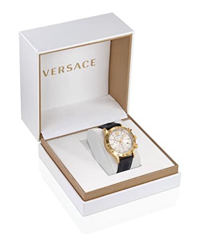 Versace Hellenyium Chrono Collection Luxury Mens Watch Timepieces with a Black Strap Featuring a Gold Case and a Silver Dial4