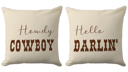 CarOptics Howdy Cowboy & Hello Darlin’ Lumbar Pillow Covers 18x18 Inch – Set of 2 Western Couple Throw Pillowcases for Rustic Farmhouse Decor, Country Gifts for Couch or Sofa (Beige)