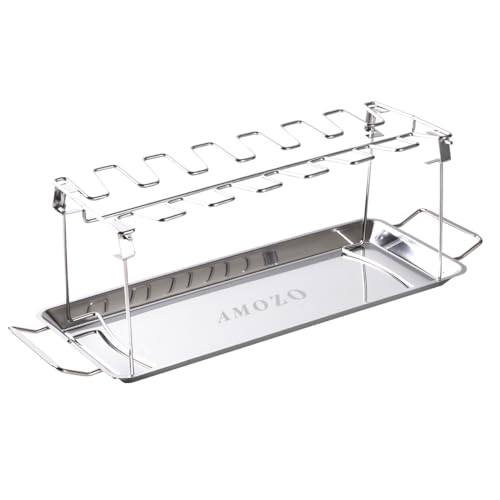 AMOZO Soporte para patas de pollo para 14 mazas, robusto soporte para barbacoa de pollo de acero inoxidable 100%, soporte para muslos de pollo con bandeja colectora, apto para lavavajillas.