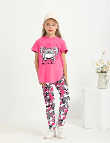 Image of Girls Outfits Short Sleeve Irregular Tops + Camouflage Long Legging Outfits 2PCs Summer Pant Sets 6-14T