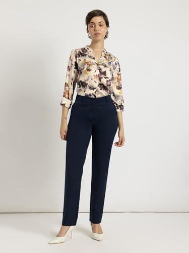 Image of FableStreet Women Shirt Work & Casual | Relaxed Fit Mandarin V-Neck Three-Quarter Sleeves Solid Pattern | Breathable Woven Fabric for Office & Everyday Wear