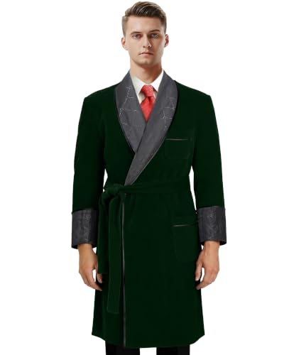Image of Men's Long Velvet Smoking Jacket Smoking Robe with Belt Shawl Lapel Quilted Dressing Gown