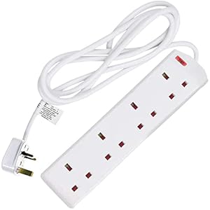 Heavy Duty Extension Lead UK Pin Plug and Cable, 4 Gang Way 2m Power Adapter, Multi Socket Mains Strip (1 Pack, White)