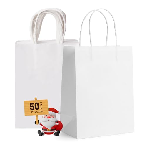 GIFTSAY Pack of 50 Paper Bags with Handle, Small, White, 15 x 8 x 21 cm, Gift Bags for Wedding Party, Shopping Bags, Retail Goods Bags and Birthdays