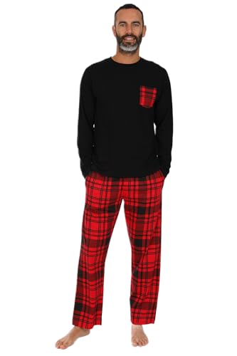 Mens Black and Red Tartan Check Long Pyjama Set (Large)