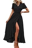 PRETTYGARDEN Women's Summer Wrap Maxi Dress Casual Boho Floral V Neck Short Sleeve Ruffle Hem Split Beach Long Dresses (Z_Black,Medium)