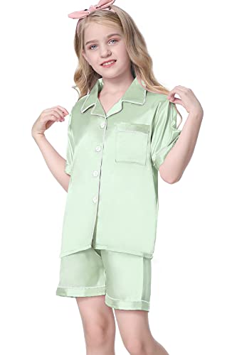 Image of Umeyda Women & Girls Pajamas Set, 2 Piece PJS Satin Silk Sleepwear Button-Down Top with Shorts for Mom Kids Gifts