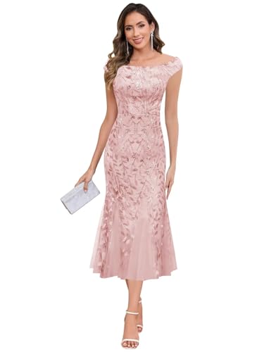 Lace Appliques Mother of The Bride Dress Tea Length Mermaid Sequin Off Shoulder Formal Evening Gowns4