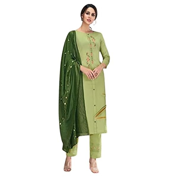 Grön festival festkläder indisk kvinna ren chinnon siden rak broderad punjabi byxa kostym 2367