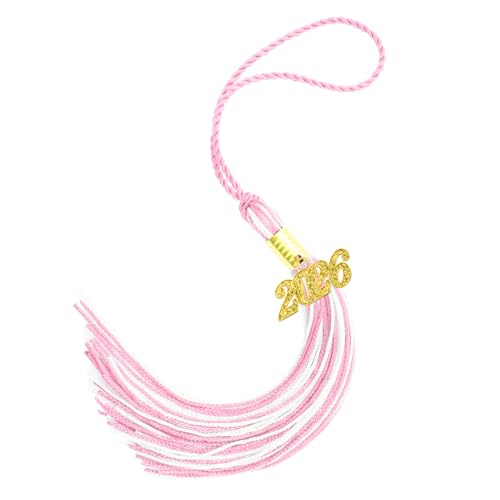 2026 Tassel Graduation, Pink and White Graduation Tassel, 2026 Graduations Cap Tassels, Gradutate Cap Tassels with 2026 Year Gold Charms for Grad Cap Hat Ceremonies Memorial Graduations Decoration