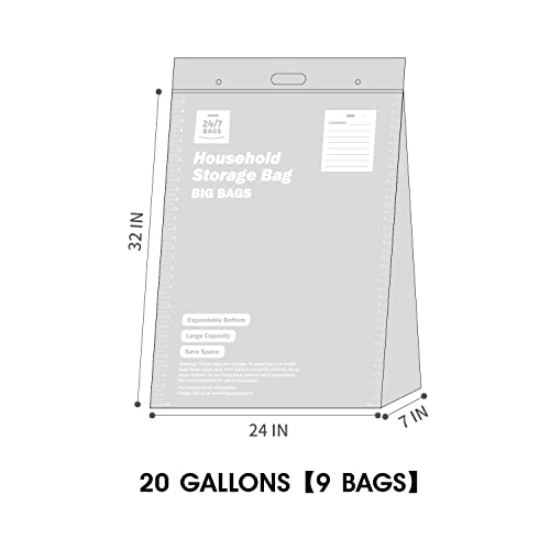 24/7 Bags| Double Zipper Jumbo Bags, 20 Gallons, 9 Count, Expandable Bottom & Handle, Safe For Food Storage, Clothes, Blankets, Toys & More (24" X 32" X 7")