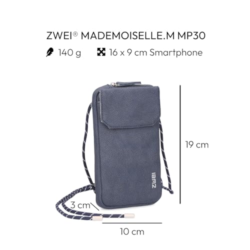 Zwei Handytasche zum Umhängen Mademoiselle.M MP30 Smartphone-Etui & Geldbörse 2-in-1, umlaufender Reißverschluss, längenverstellbarer Riemen, Mini-Handtasche 19 x 10 x 3 cm (Nubuk-Blue)