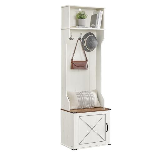 VASAGLE Hall Tree with Bench and Shoe Storage, Coat Rack with Shoe Bench, Entryway Furniture, 3 Tri-Hooks, Door with Handle, Farmhouse Style, Space Saving, Rustic White and Honey Brown UHSR441W01V1
