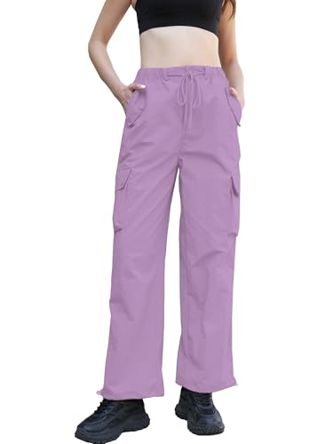 Image of Betusline Girls & Women's High Waist Wide Leg Cargo Pants Y2K Parachute Pants with Pockets and Drawstring 6 Years-Women 2XL