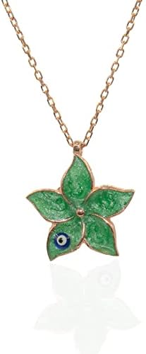 MM Madam&Matmazel Kadın Modası Madam Matmazel Nazar Boncuklu Çiçek Model Mineli Kolye, 925 Ayar Gerçek Gümüş, Rose Altın Kaplama (Yeşil) - Görsel 1