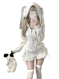 Zenrave Tenshi Kaiwai Hoodies Harajuku Shoujo Girl Clothes Cutecore Y2K Bunny Ear Jirai Kei Gyaru Jackets Kawaii Emo Tops (White,Large)