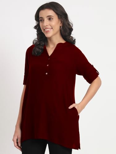Image of Women's Roll-Up Sleeve Tunic Top, V-Neck with Button Front, Side Pockets, Rayon Short Kurti