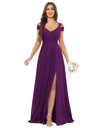 Image of petyoo Off Shoulder Chiffon Bridesmaid Dresses with Slit Long Formal Evening Dress