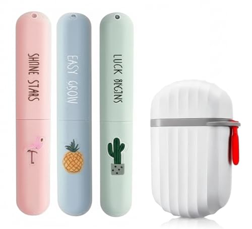 Image of Travel Toothbrush Cover, Tongue Cleaner Cover, Multicolor Design with Pineapple, Cactus & Flamingo Patterns and White Soap Case