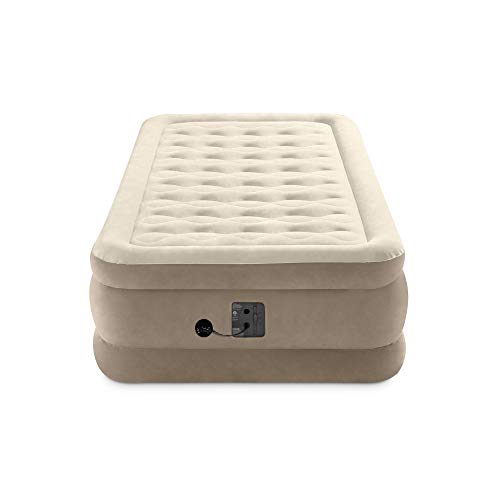 Intex Ultra Plush Fiber-Tech 18 Inch High Twin Inflatable Airbed Elevated Air Mattress with Built-in Pump & Flocked Top, Tan