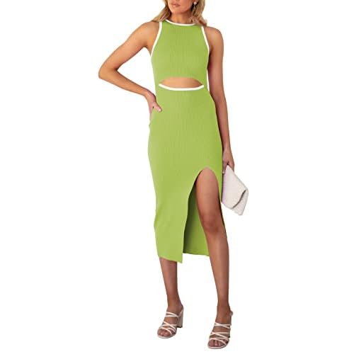 Pink Queen Women's Cutout Crew Neck Sleeveless Tank Slit Ribbed Bodycon Midi Dresses 1 - Brown X-Small