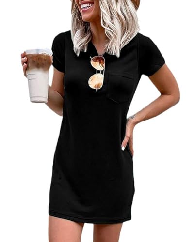Ladiyo Women T Shirt Dress Summer Fashion Mini Crew Neck Short Sleeve Solid Color Casual Dresses with Pocket