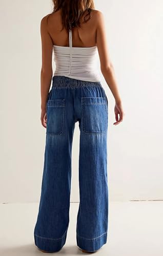 loveimgs Women Western Flare Wide Leg Jeans Denim Pants Mid Rise Elastic Waist Patchwork Cargo Jeans Sweatpants Pockets2