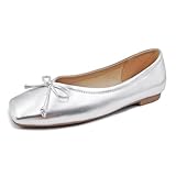 UBWDU Women's Low Heel Flat Shoes Comfortable Square Toe Bowknot Decoration Casual Ballet Shoes Silver