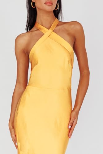 Cudiew Women's Satin Halter Bridesmaid Dresses for Wedding Guest Open Backless Formal Evening Long Silk Gowns2