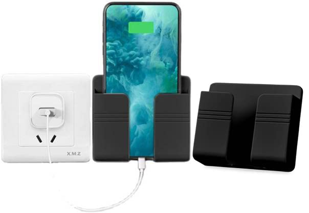 Image of Wall Mounted Adhesive Remote Control Stand Mobile Phone Holder For 3 Pin Charging Ac /Tv Storage Box For All Smartphones|Pack Of 4 (Bllack)