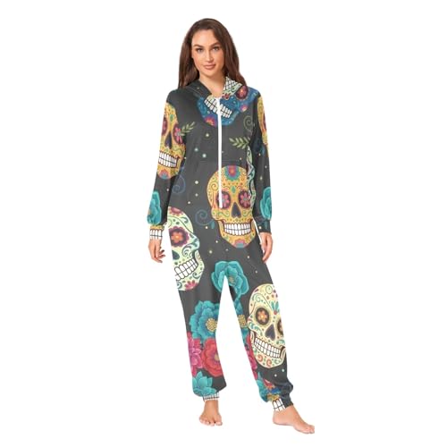 Combinaison pyjama en polaire pour adulte motif crânes fleurs
