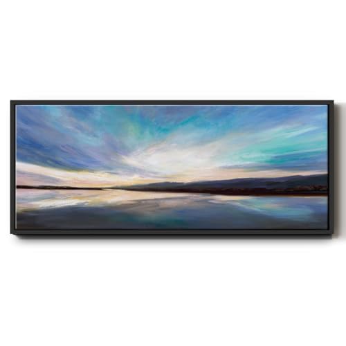 Renditions Gallery Nature Wall Art Cloudy Sky with Heavenly Light Floater Framed Painting Wall Hanging Decoration for Lounge Office Kitchen Lobby - 8"x20" Black Frame LT611