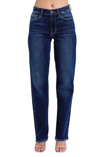 Judy Blue Women's Mid Rise Fray Hem Straight Jeans (Dark
