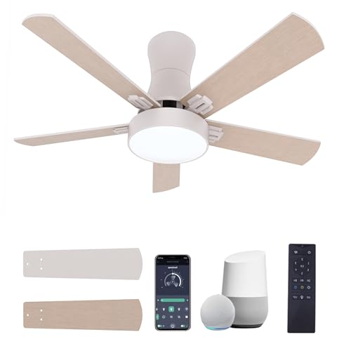 HOMECHOOSE 42 inch Low Profile Ceiling Fan with Light and Remote/App/Alex, Flush Mount, Quite 6 Speeds Reversible DC Motor, Modern Low Profile Ceiling Fan for Living Room,Bedroom