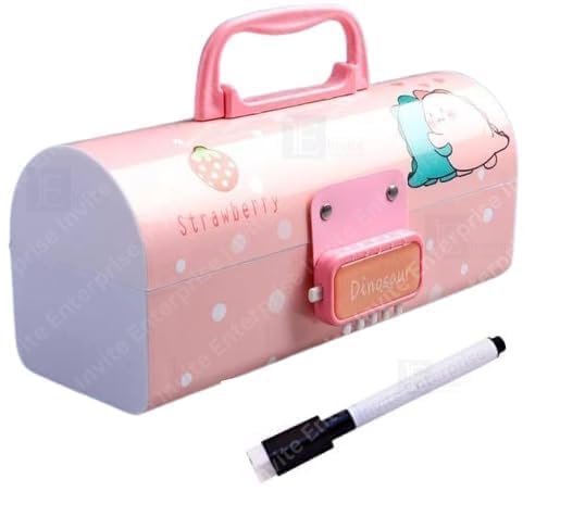 Image of WORSHIPER Cartoon Theme Pencil Box for Kids | Suitcase Style Password Lock Stationery Organizer | Multi-Layer Pen & Pencil Case for Boys & Girls (DPIPB - Dino Pink)