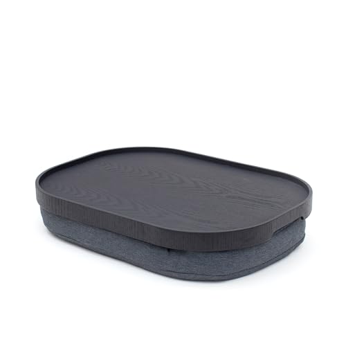 Image of Bosign CurveLine Laptray with Bean Bag Cushion. Portable Breakfast & Serving Tray. Non-Slip Tray with Raised Rim. Washable cushion cover. Ash wood top, matte black finish. LARGE (47x34x6,5 cm)