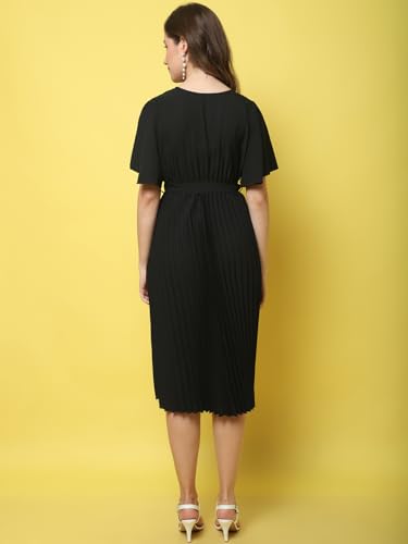 Image of Fabflee Women's Polyester A-Line Standard Length Dress (FB-P1-Pleated-204 M Black M)