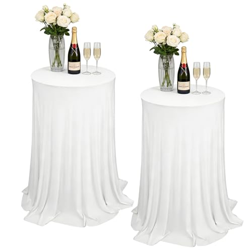 2 Pack Cocktail Table Tablecloth with Skirts 32 x 43Inch Soft Fabric Round High Top Table Cover Stretch Reusable Tablecloth Skirt Cocktail Tablecloths for Wedding Party Banquet Table Bar White