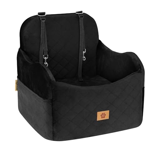 Ishineon Car Seat Booster for Dog: High-Support Memory Foam Pet Car Seat for Small/Medium Dogs Under 35lbs with Elevated Cushion - Detachable Washable Puppy Travel Bed for Driving with Pockets (Black)