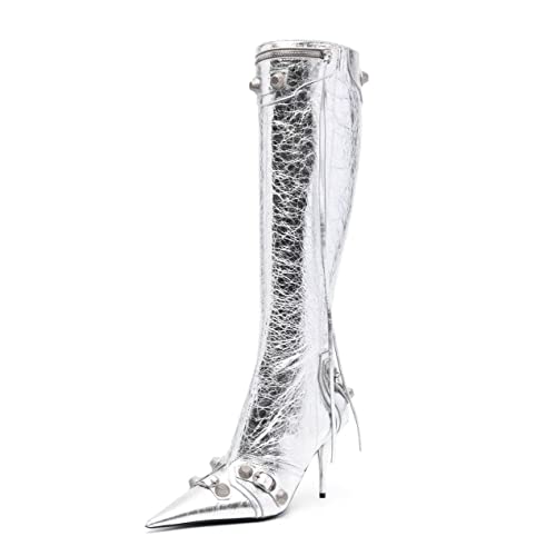 Arqa Metallic Silver Knee High Boots Pointed Toe Stiletto Heel Zipper Boot With Rivet,Slim Tassel Dress Boot For Women #TOP4