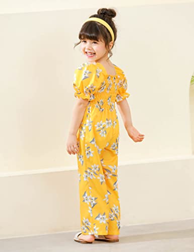 Girls Jumpsuit Romper Floral Printed 7T Girls Clothes Size 8 Cute Girl Square Collar Short Ruffled Flutter-Sleeve Yellow Outfits Long Pants Adjustable Strap Button Down For Spring Summer Fashion #TOP2