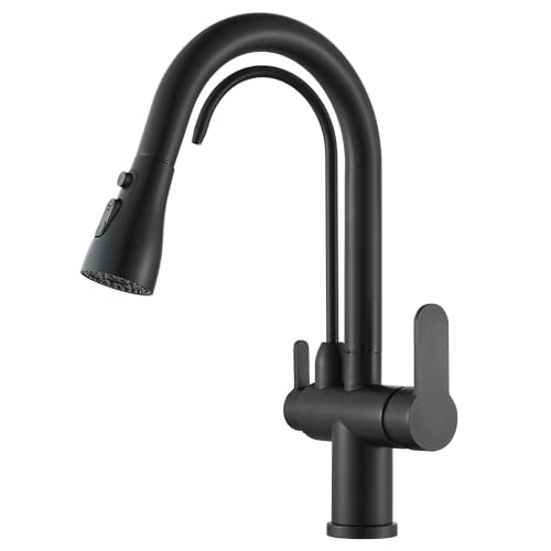 Modern Faucet 3 in 1 High Arc Water Filter Purifier Kitchen Faucets Dual Handle Pull Out Kitchen Sink Faucet with 360° Swivel Black