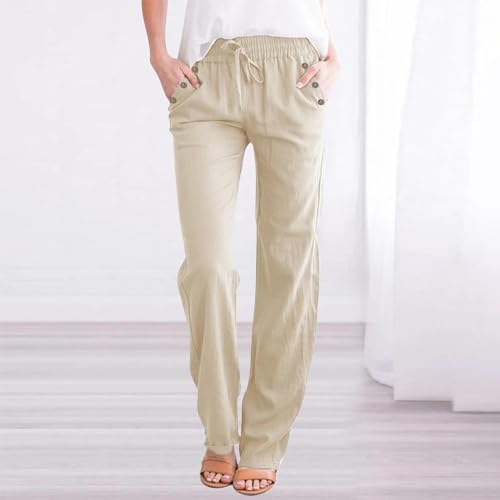 Womens Casual Linen High Waist Pants Drawstring Loose Fit Summer Pants Trousers with Side Button Pockets2