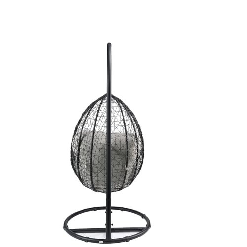 BKNROIHB Fabric & Wicker Hanging Chair with Stand, All-Weather Resin Wicker, Steel Frame, Foam Filling Cushion, Adjustable Headrest(Beige Black)