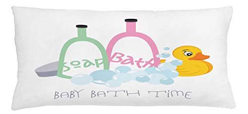 Lunarable Duckies Throw Pillow Cushion Cover, Soap Bottles with Rubber Bath Animal Illustration Cartoon Style Bath Time Print, Decorative Square Accent Pillow Case, 36