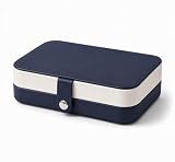 Portagioie compatto blu navy e bianco da donna, organizer da viaggio con scomparti per anelli, porta orecchini e collane, mini portagioie portatile per vacanze, borsa | pelle PU 16 × 11 × 5 cm