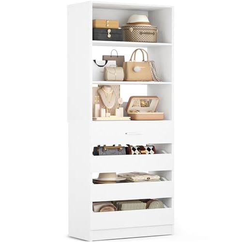 Aheaplus 21.3″ Closet System with 4 Drawers, Wood Closet Organizer with Open Shelves, Modular Drawers System Tower, Walk-in Closets Small Wardrobe Rack, Tall Storage Cabinet Unit, White